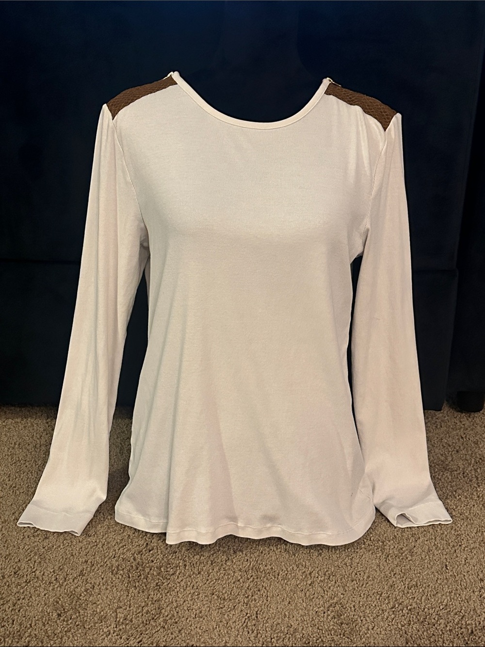 Lauren Ralph Lauren Cream Long Sleeve Tee with Brown Quilted Shoulder Panels